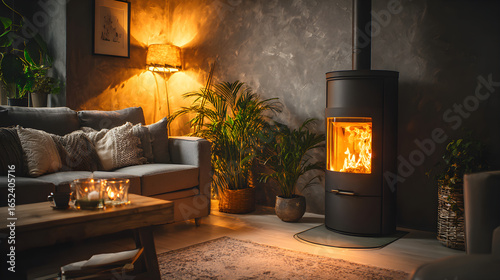 A cozy, warm living room with a modern wood-burning stove, a comfortable sofa, and green plants.