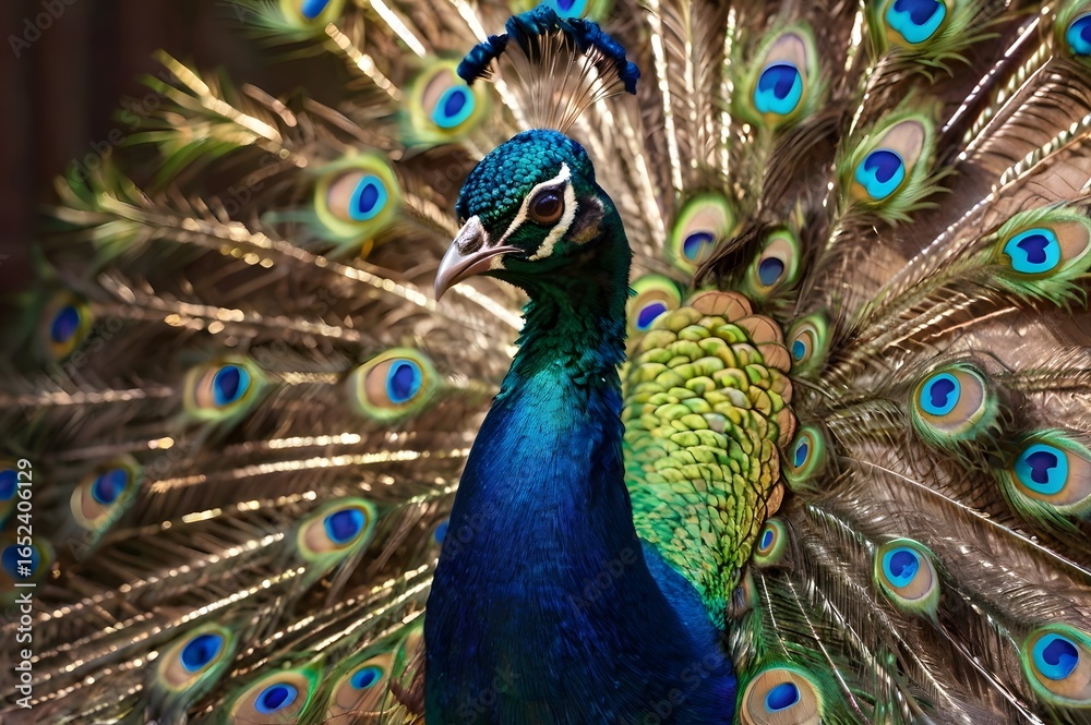 Obraz premium Stunning peacock displaying iridescent plumage for mating season in vibrant detail and exquisite color