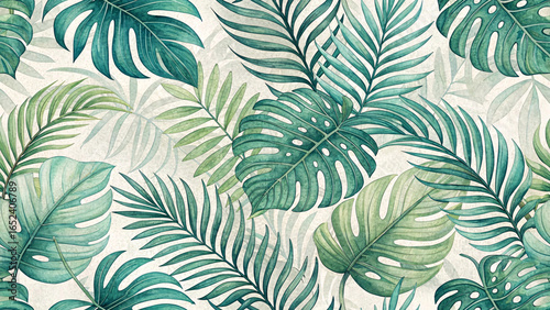 Seamless tropical palm leaves pattern in green tones, summer design