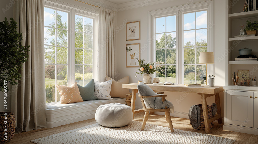 Fototapeta premium Elegant home office with garden view: A bright, airy home office with a large window offering a serene garden view, creating an inspiring workspace. The room features a modern desk.