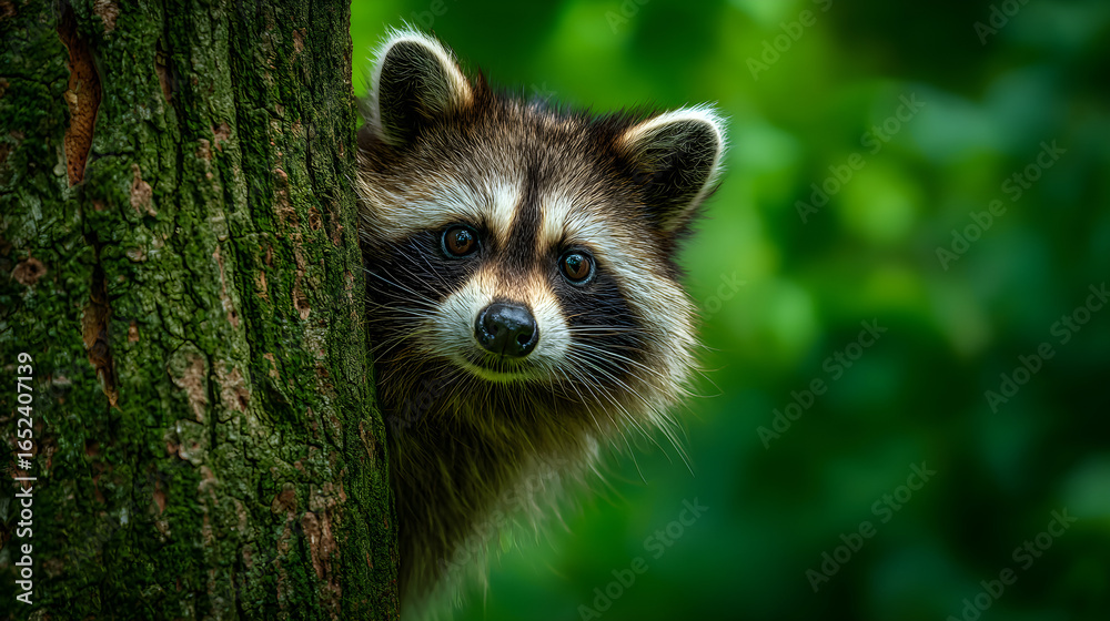 Fototapeta premium A curious raccoon peeks out from behind a tall tree in a lush, green forest. Its distinctive mask-like face and bright eyes convey a sense of playfulness as it blends into its natural surroundings.