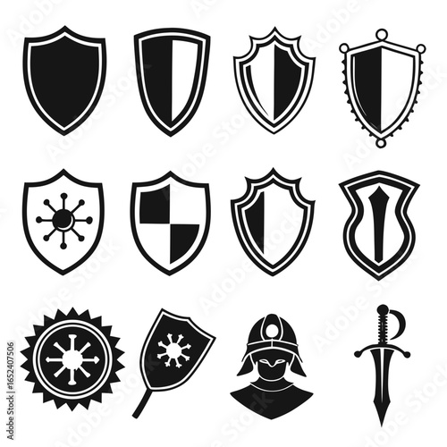 Collection of diverse shield icons representing protection security defense and medieval warfare elements including a knight helmet and sword