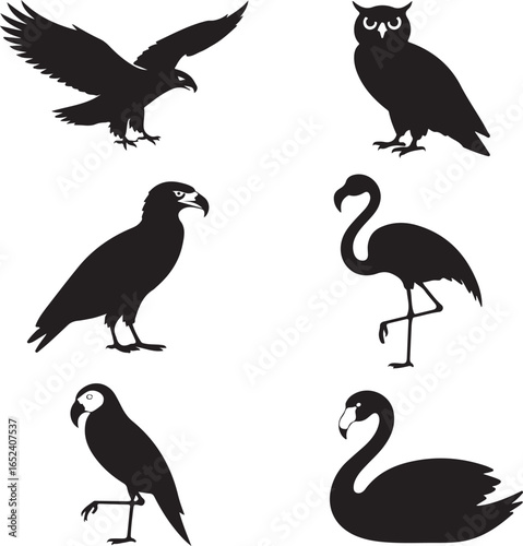 Six black silhouette birds including eagle owl hawk flamingo and swan bird of prey nocturnal bird