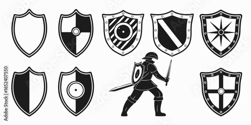 Collection of medieval knight shields and warrior silhouette with sword and shield in black and white graphic style