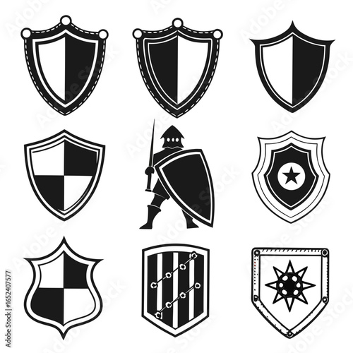 Collection of nine black and white shield emblems and a medieval knight with sword and shield
