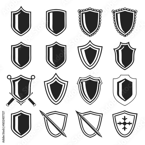 Collection of diverse shield emblems and crests in various styles and shapes representing protection and heraldry