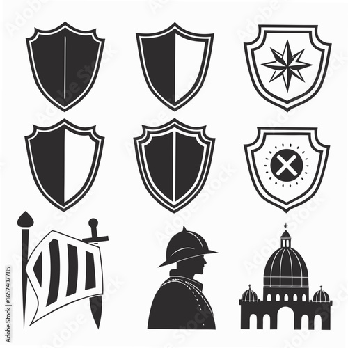 Collection of medieval and historical symbols featuring shields a knight a banner and a dome building