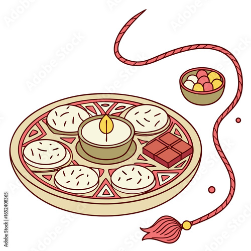 Traditional indian raksha bandhan festival thali with sweets diya chocolate and rakhi thread on white background