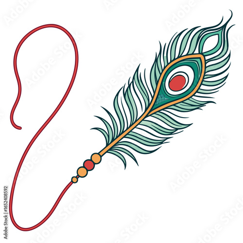 Decorative peacock feather rakhi with red thread and beads for raksha bandhan celebration