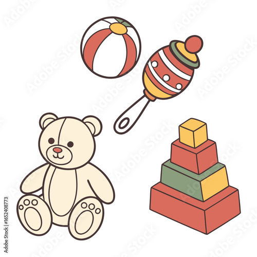 Collection of classic baby toys including a teddy bear rattle stacking rings and a striped ball on a white background