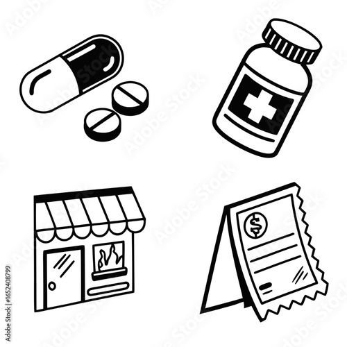 Collection of hand drawn icons representing pharmacy medication store and bill for healthcare and retail concepts