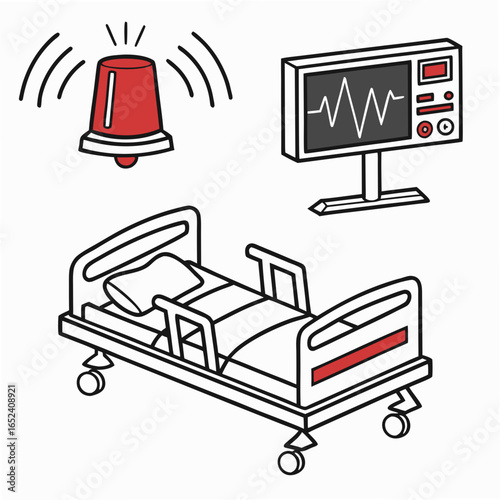 Hospital emergency room scene with a patient bed vital signs monitor displaying a heartbeat and a flashing red alarm light