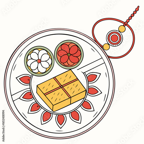 Traditional indian raksha bandhan celebration with a decorated thali holding sweets a gift and a rakhi wristband symbolizing sibling love and protection