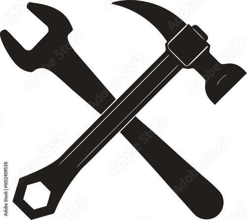 Hammer and wrench crossed silhouette. Tool, repair, construction, maintenance vector isolate on white background