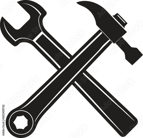 Hammer and wrench crossed silhouette. Tool, repair, construction, maintenance vector isolate on white background