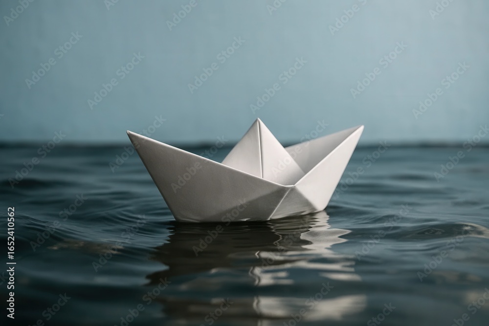 Obraz premium A lone paper boat navigates the calm waters under a serene sky