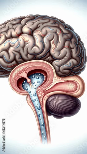 Detailed Anatomical Illustration Showing Grey and Pink Human Brain with Blood Vessels and Cutaway View on a White to Blue Gradient Background