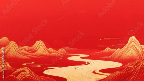 Red and gold traditional Chinese landscape with winding river and mountains