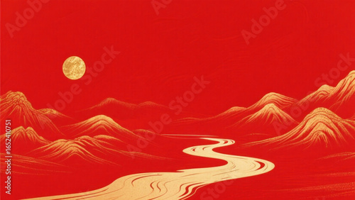 Red and gold traditional Chinese landscape with winding river and mountains