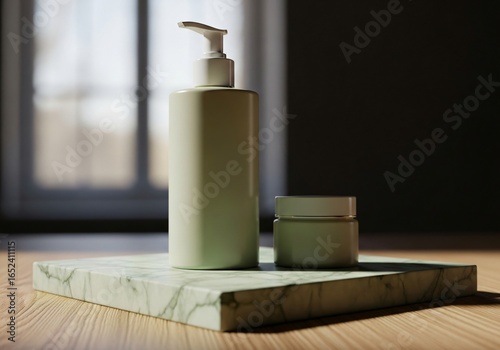 Minimalist Cosmetic Set: Lotion Bottle and Cream Jar on Marble Stand.