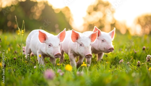 Three adorable piglets explore a vibrant meadow bathed in golden sunlight.