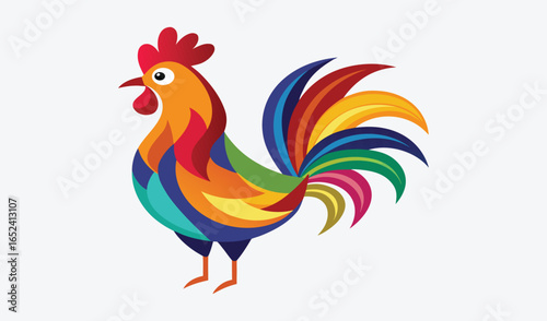 A colorful cartoon rooster, an animal farm bird, isolated on a white background with a prominent red comb and beak