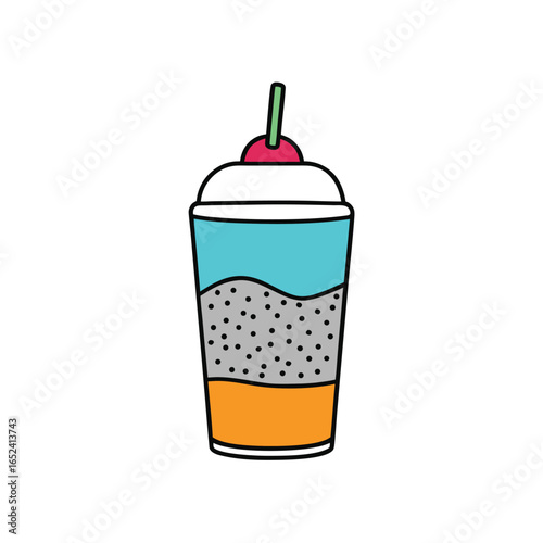 Vibrant layered chia seed drink with fresh fruit and colorful swirls