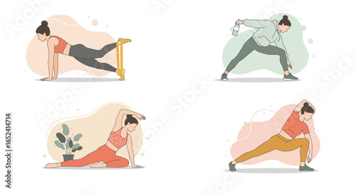A woman is doing different types of exercises, including stretching, resistance band work, and standing poses isolated on white background
