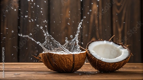 Halved coconut with water splashing on a wooden background. Suitable for tropicalthemed designs, food blogs, and summer advertisements.