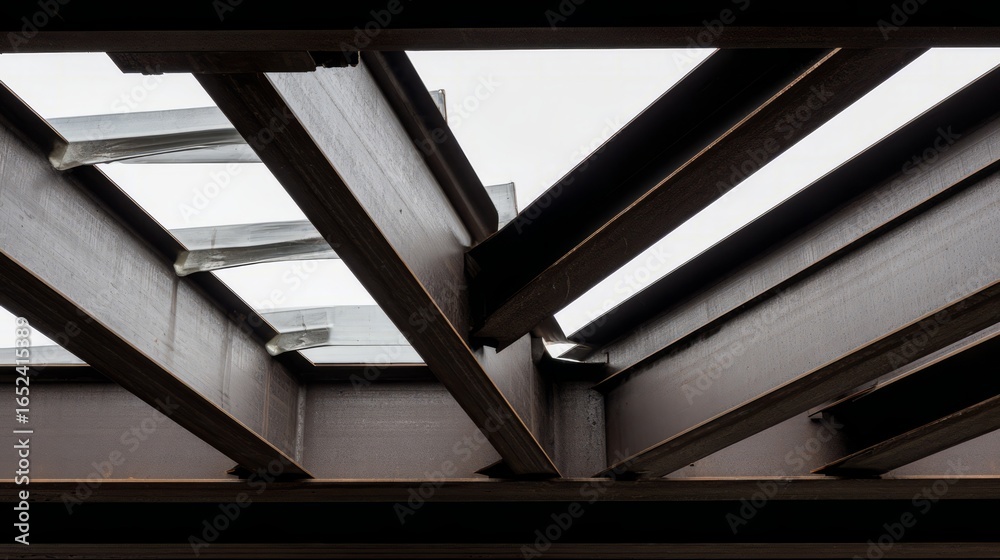 Fototapeta premium Industrial metal beams forming an abstract geometric composition in a construction setting with cool steel tones. 