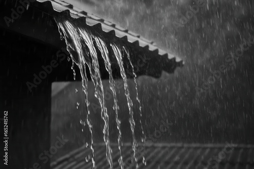 Raindrops cascade down a metal roof, creating a rhythmic pattern against the backdrop of a rain-soaked environment