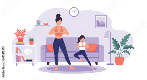 A mother and daughter are doing yoga together at home, isolated on white background they are in tree pose with arms extended and are having a great time