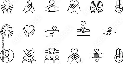 Charity donation icon set, kindness, helping hands, heart care, giving, nonprofit, support, global aid, love symbol, volunteer outline vector