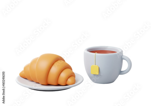Isolated Croissant on Plate and Teacup, Breakfast and Bakery Concept 3D Icon