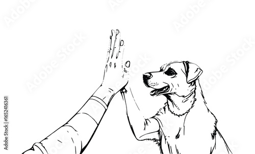 “Dog High Five with Human Hand Line Art Sketch”