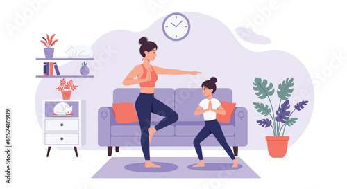 A mother and daughter are doing yoga together at home, isolated on white background they are in tree pose with arms extended and are having a great time