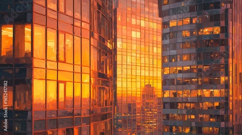 Modern glass buildings reflecting sunset light