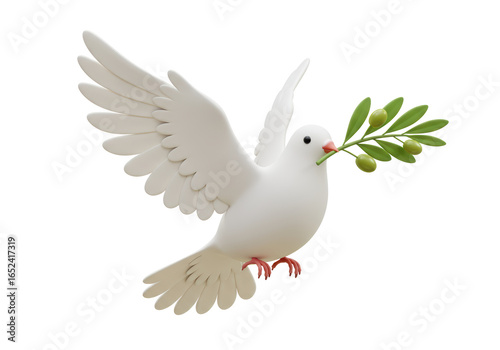 Isolated White Peace Dove with Olive Branch 3D Render