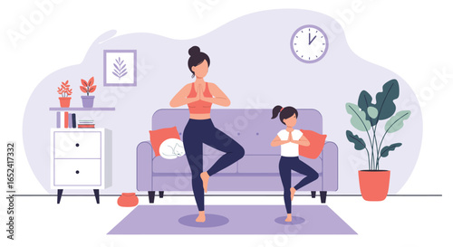 A mother and daughter are doing yoga together at home, isolated on white background they are in tree pose with arms extended and are having a great time