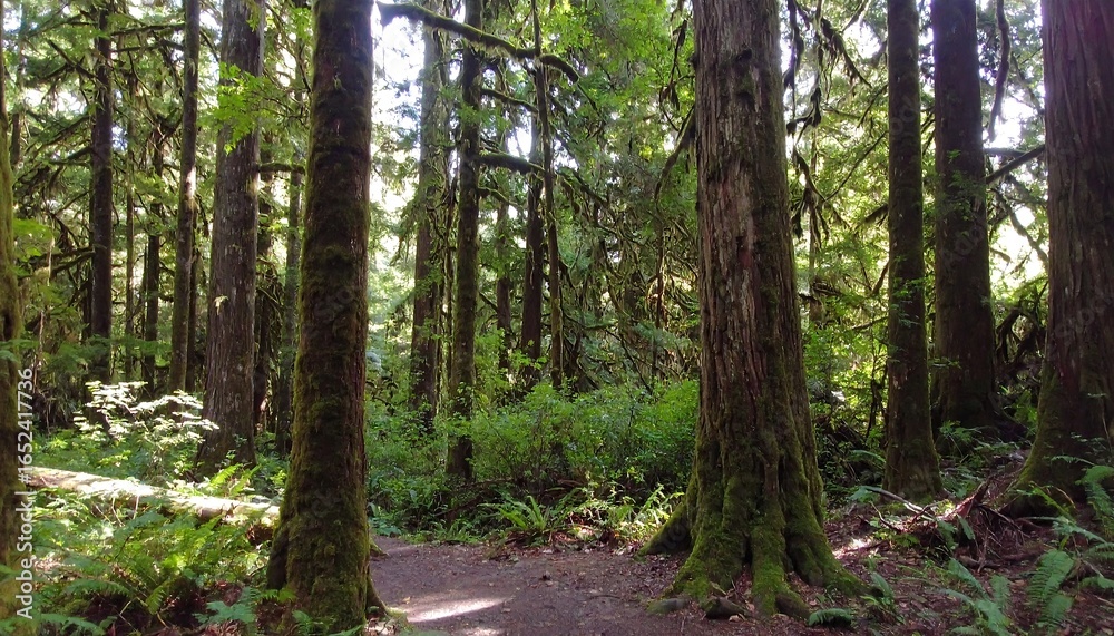 Obraz premium Sunlight filtering through a dense forest (3)