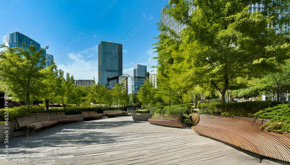 Fototapeta premium A modern urban park with lush greenery and a beautiful skyline view