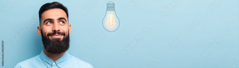 Fototapeta premium A man with a beard smiles while looking up at a light bulb, symbolizing creativity and ideas against a light blue background