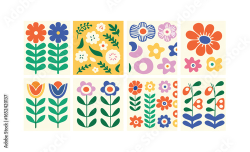 A retro-inspired garden scene with multiple flowers in simplified abstract shapes, large leaves, and bold playful arrangements across a vibrant surface.