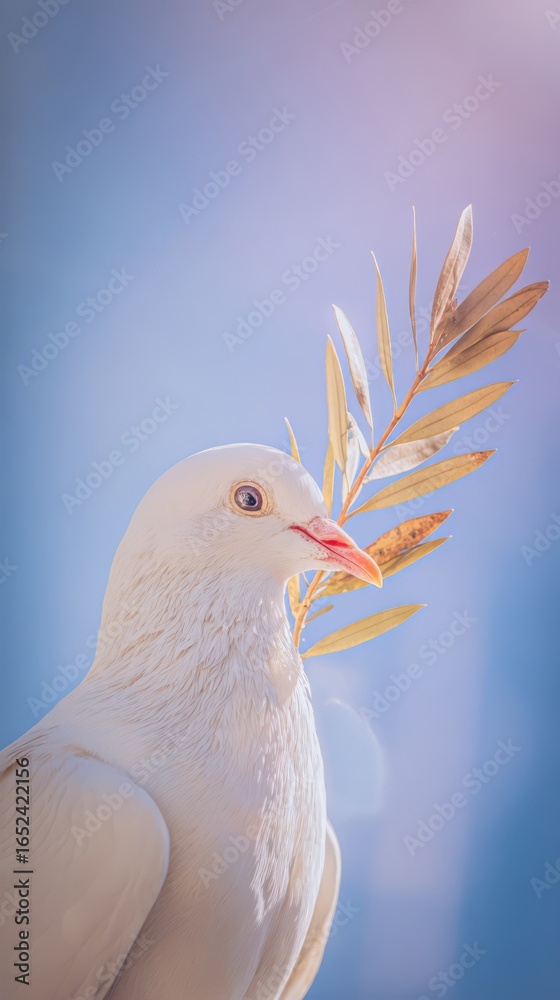 Obraz premium Glowing white dove pendant on silk ribbon surrounded by olive branches, symbolizing peace. 