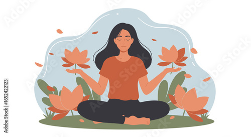 A serene woman in a meditative pose with lotus flowers, isolated on white background, representing peace, wellness, and the practice of yoga and mindfulness