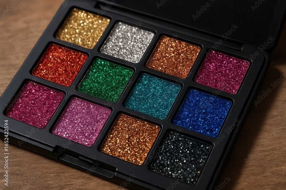 Fototapeta premium An array of shimmering eyeshadows in a black palette, each offering a unique hue from fiery reds to cool blues and metallic golds