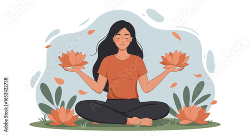 A serene woman in a meditative pose with lotus flowers, isolated on white background, representing peace, wellness, and the practice of yoga and mindfulness