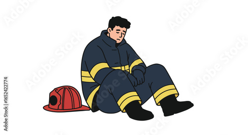 Tired Firefighter Sitting on Ground