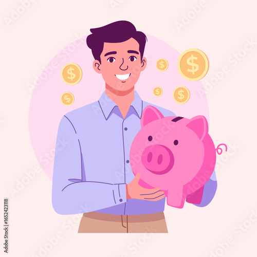 Financial Management. Man Holding a Piggy Bank Vector Illustration