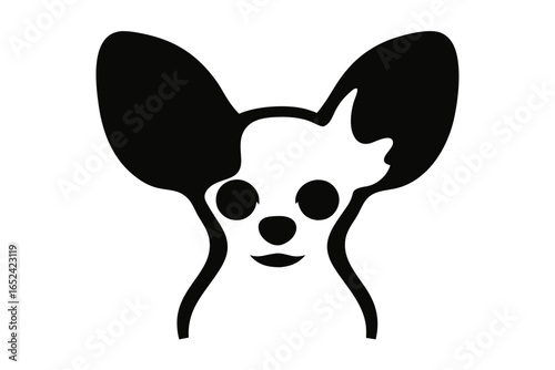 Tiny Chihuahua Dog Icon Black Silhouette with White Face Marking 
